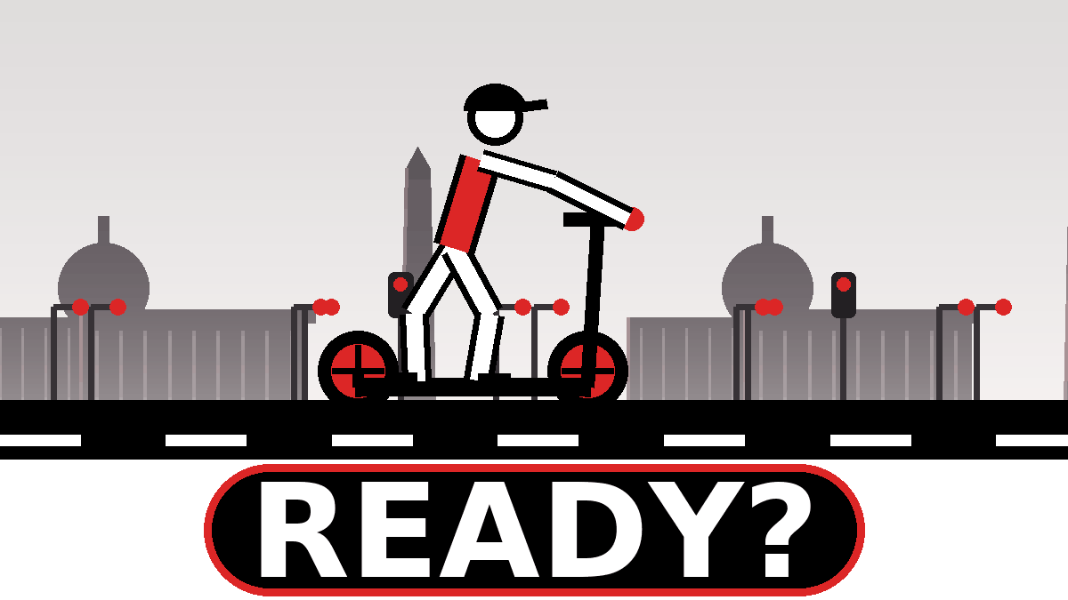 Animated demo of a rider kicking off the ground and then pressing the throttle on an electric scooter.